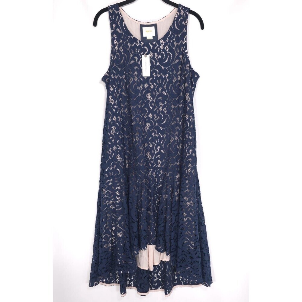 ANTHROPOLOGIE Maeve New Dress MEDIUM Vienne Hi Low Navy Marin Lace Floral
